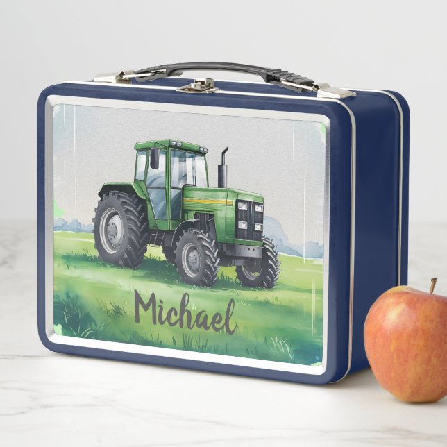 Lunch Box Tracteur vert personnalisé ferme aquarelle enfants (En situation)