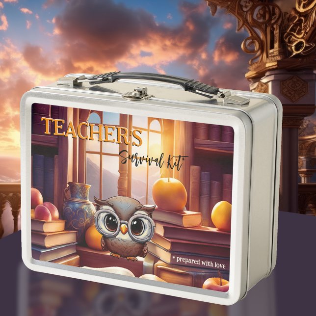 Lunch Box Trousse de survie de l'enseignant Livres de choux  (Teacher Lunch Box featuring a funny design with an owl surrounded by books and lots of apples.)