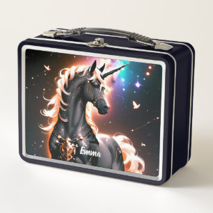 Lunch Box Unicorne Noire avec Gold Mane Nom Personnalisé Scr