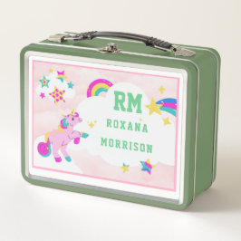 Lunch Box VERT rose ET ROSE, MÉTAL UNICORN À FEU