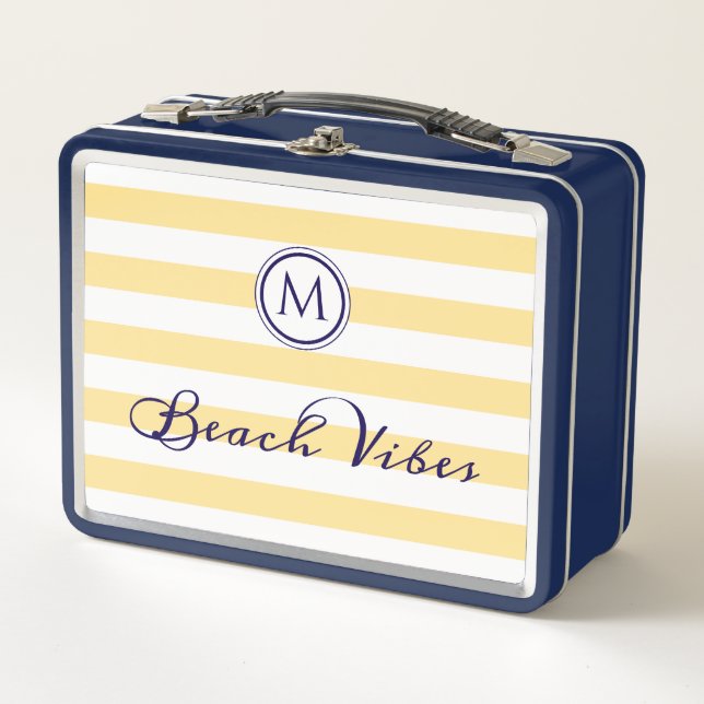 Lunch Box Vibes De Plage Jaune Blanc Gravé Chic Monogramme (Devant)