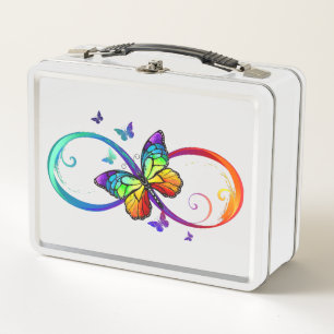 Lunch Box Vibrant infinity with rainbow butterfly on black