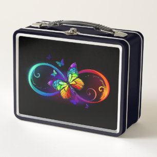 Lunch Box Vibrant infinity with rainbow butterfly on black