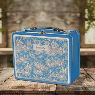 Lunch Box Vintage bleu turquoise toile de jouy imprimé