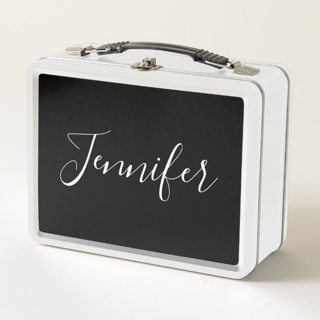Lunch Box Votre nom | Élégant script blanc sur noir (Devant)