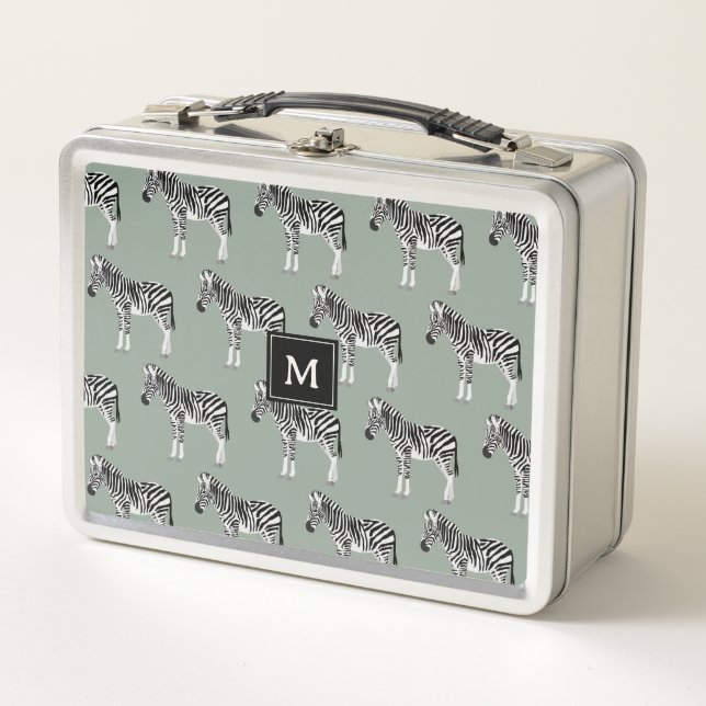 Lunch Box Zebra Exotic Animal Motif Sage Green Monogramme (Devant)