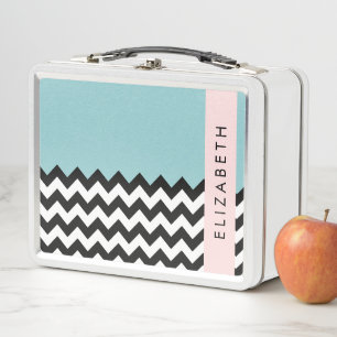 Lunch Box Zigzag noir et blanc, Chevron, Bleu, Votre nom