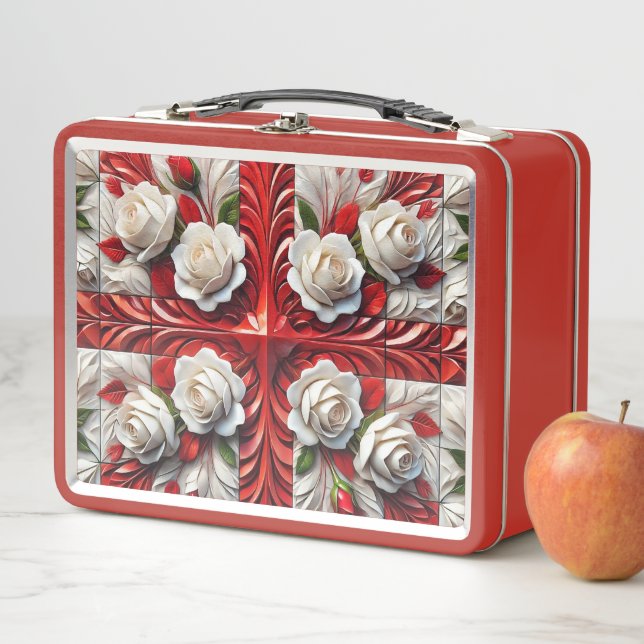 Lunchbox en métal inoxydable avec design Rose angl (En situation)
