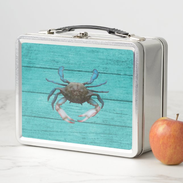 Lunchbox en métal turquoise de crabe bleu (En situation)