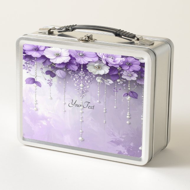 Lunchbox mit lila Blumen und baumelnden Perlen (Vorderseite)