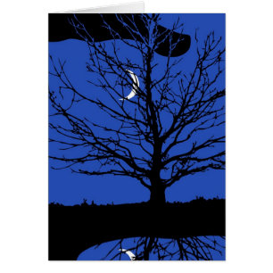 Lune avec arbre, Bleu Cobalt, Noir et Blanc