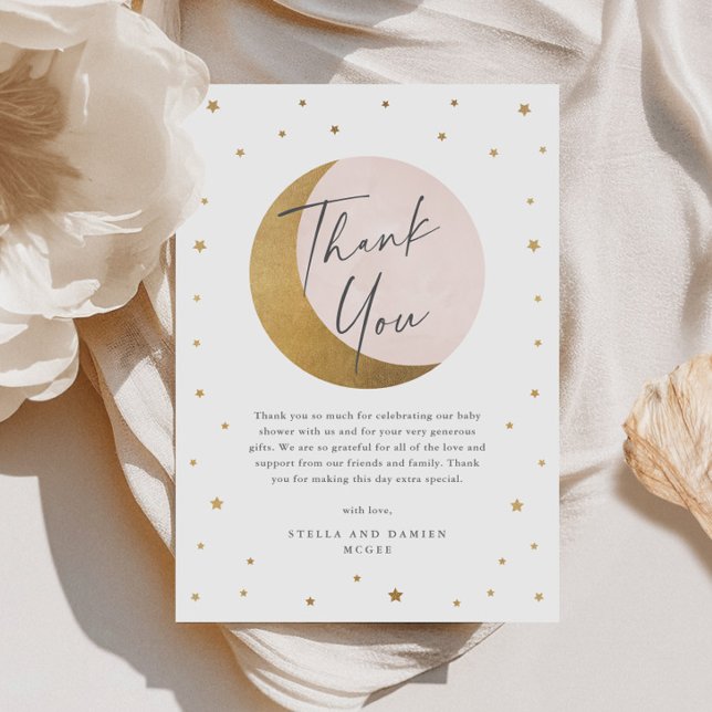 Lune d'or et étoiles Baby shower rose Merci (Elegant Gold Moon and Stars Script Pink Baby Shower Thank You Card.)
