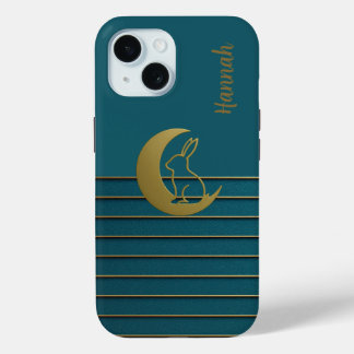 Lune d'or et lapin sur iPhone Turquoise / coque ip
