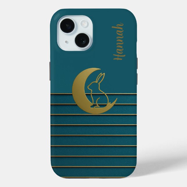 Lune d'or et lapin sur iPhone Turquoise / coque ip (Verso)