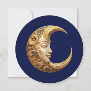 Lune dorée ornée avec visage sur carte bleue marin