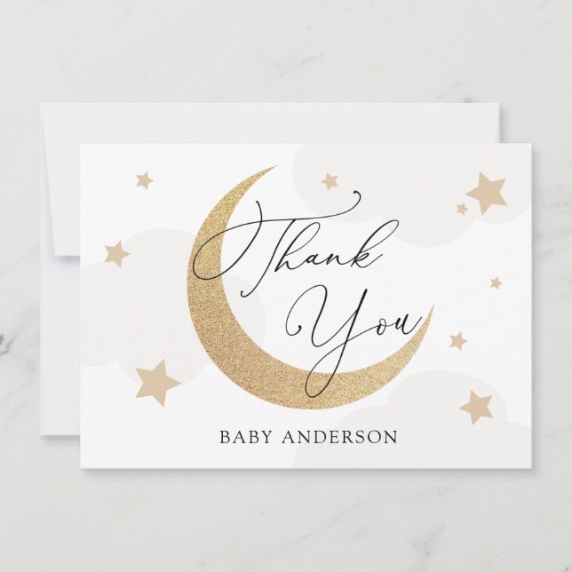 Lune et étoiles Nuages gris Baby shower Merci (Devant)
