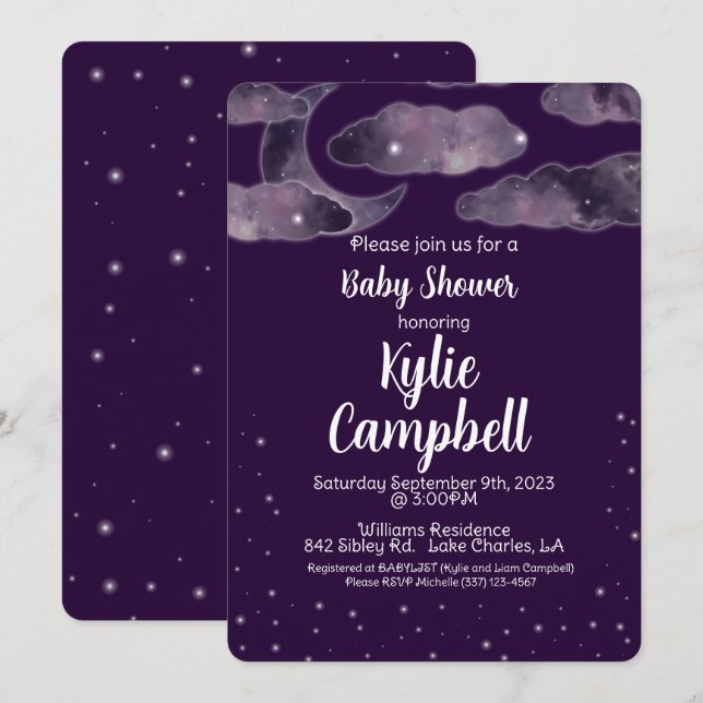 Lune, Étoiles, Ciel de nuit Baby shower Invitation (Devant / Derrière)