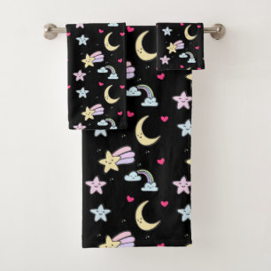 Lune lunaire, étoiles et nuages Motif sur noir