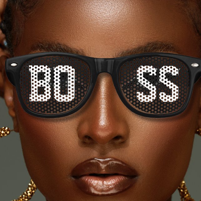 Lunettes De Fête Retro Boss noir (black retro sunglasses with bold letter text BOSS)