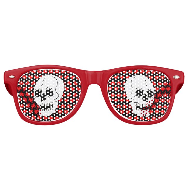 Lunettes De Fête Retro Crâne classique blanc Coeurs rouges (Devant)