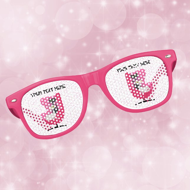 Lunettes De Fête Retro Deux chats atomiques en chaise rose vif Pois (1950s style cats in pink chair on  white with pink polka dots on retro party glasses.)