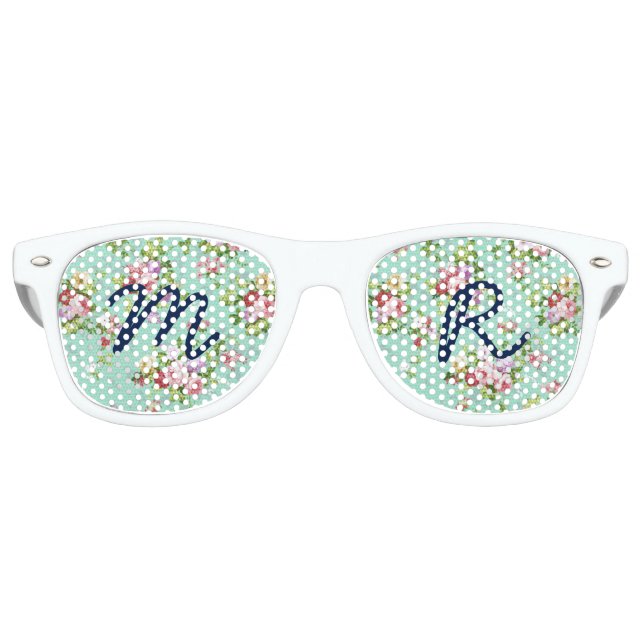 Lunettes De Fête Retro Fille rose vert rose fleurs motif monogramme (Devant)