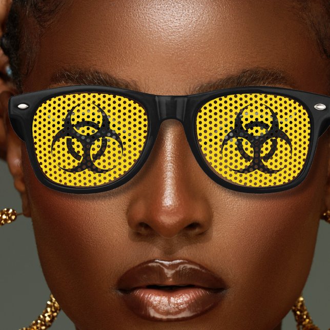 Lunettes De Fête Retro Panneau de prudence Zone contaminée jaune Biodange (yellow and black biohazard retro sunglasses)