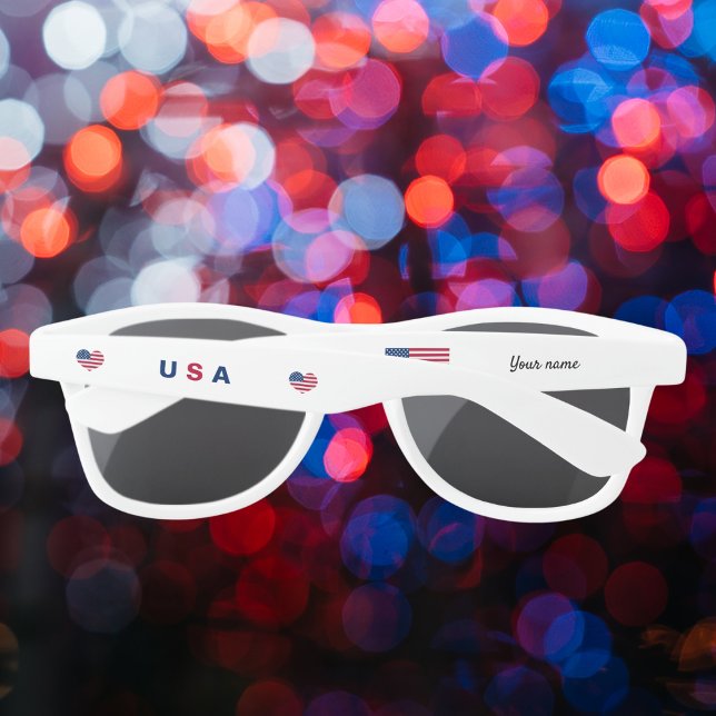 Lunettes De Soleil 4 juillet Rouge Blanc Bleu Coeur Nom personnalisé (Créateur téléchargé)