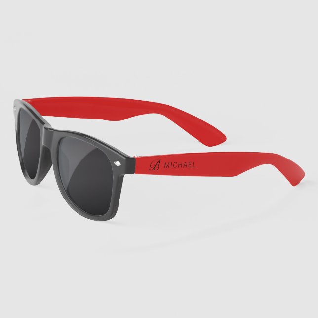 Lunettes De Soleil Monogramme Nom personnalisé Script noir moderne (Gauche)