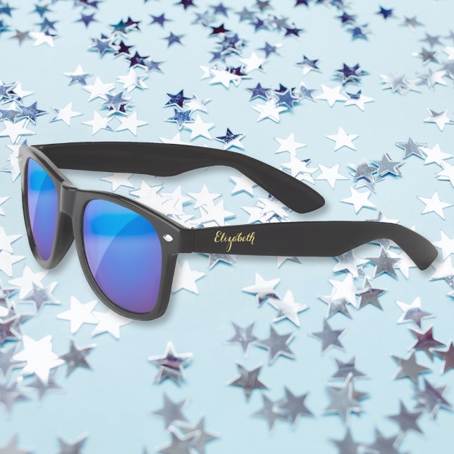 Lunettes De Soleil Or Monogramme Rétro Froid Miroir Noir Bleu Party (Gold Monogram Retro Cool Black Blue Mirror Party Sunglasses)