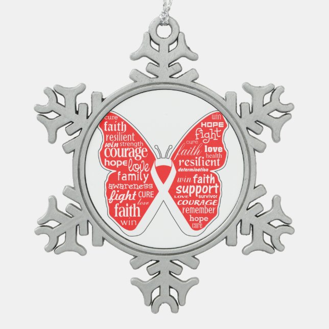 Lungenkrebs-Schmetterlings-Collage von Wörtern Schneeflocken Zinn-Ornament (Vorderseite)