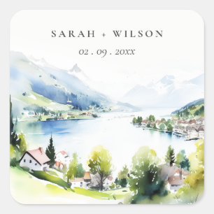 Lungern Schweiz Aquarell-Landschaft Hochzeit Quadratischer Aufkleber