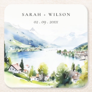 Lungern Schweiz Aquarell-Landschaft Hochzeit Rechteckiger Pappuntersetzer