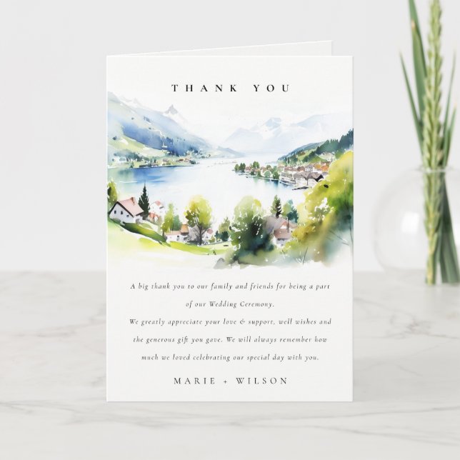 Lungern Switzerland Watercolor Landscape Wedding Dankeskarte (Vorderseite)