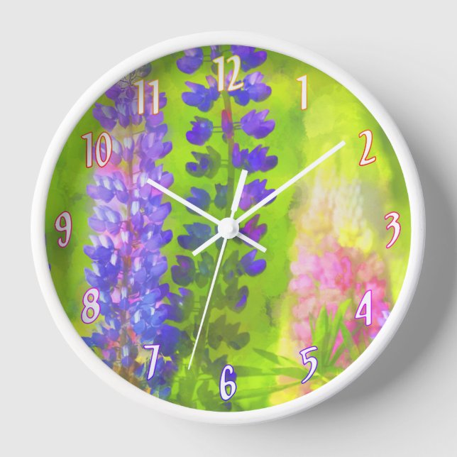 Lupine Painting - Originelle Blume Kunst Uhr (Vorderseite)