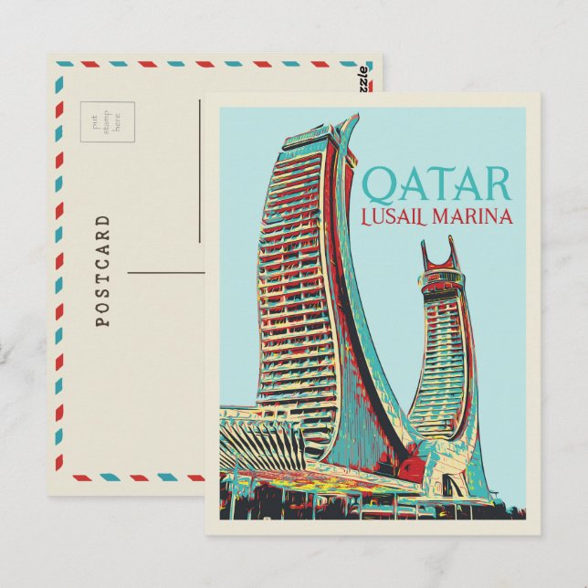 Lusail Marina Gebäude Illustration Katar Postcar Postkarte (Vorne/Hinten)