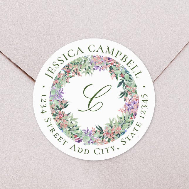 Luscious Floral Wreath Monogram Rücksendeadresse Runder Aufkleber (Von Creator hochgeladen)
