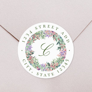 Luscious Floral Wreath Monogram Rücksendeadresse Runder Aufkleber