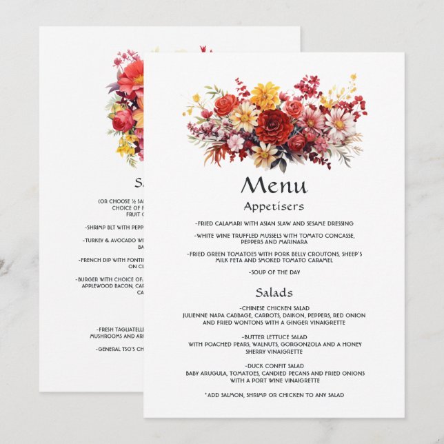 Luscious Red Floral Wedding Menükarte (Vorne/Hinten)