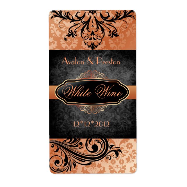 Luscious Vintag Orange Scroll Hochzeitsweinmarke (Vorne)