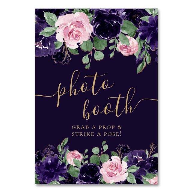 Lush Blossom | Foto-Stand für lila und rosa Rosen Tischnummer (Vorderseite)