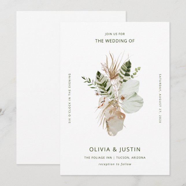 Lush Boho | Tropische Botanische Hochzeit Einladung (Vorne/Hinten)