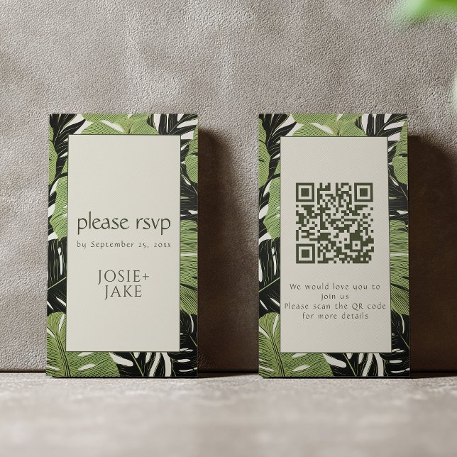 Lush Botanicals UAWG Green Jungle Blätter QR Code Begleitkarte (Tropical leafy border RSVP enclosure with QR code)