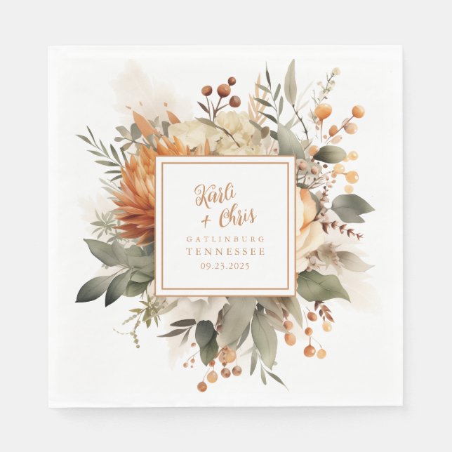 Lush Burnt Orange Fall Floral & Greenery Paper Serviette (Vorderseite)