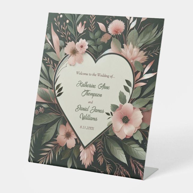 Lush Dark Green and Blush Pink Heart Wedding Sockelschild (Vorderseite)