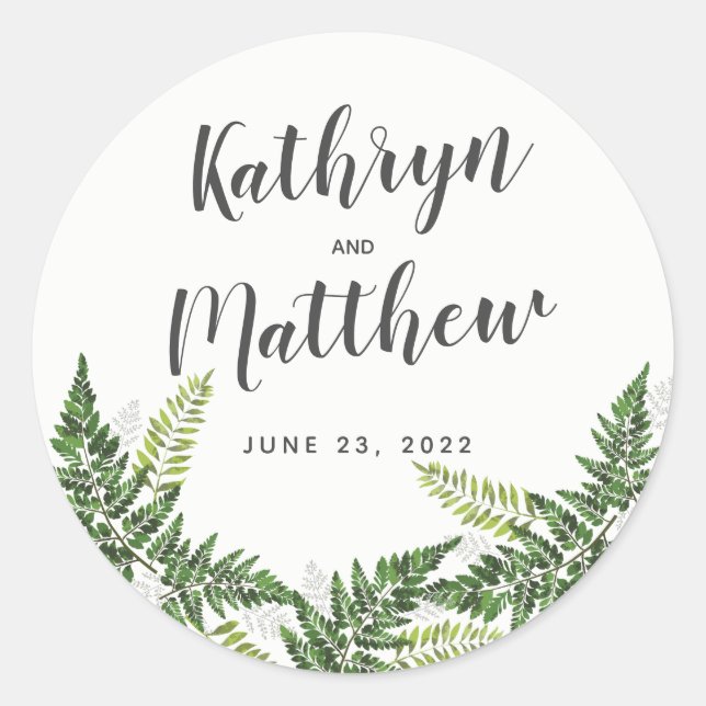 Lush Fern Tropical Botanical Wedding Runder Aufkleber (Vorderseite)