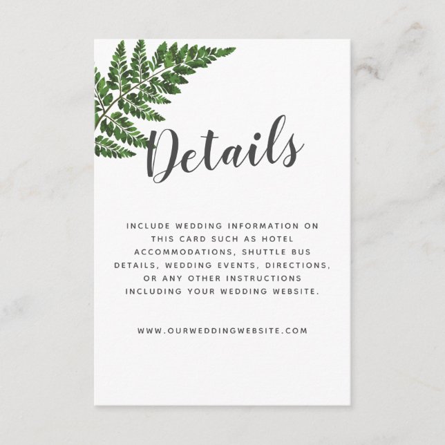 Lush Fern Wedding Detail Abschlusskarte Begleitkarte (Vorderseite)