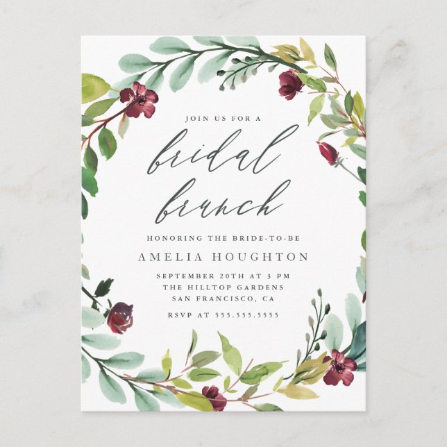 Lush Foliage Wreath Handgeschriebener Bridal Brunc Einladungspostkarte (Vorderseite)