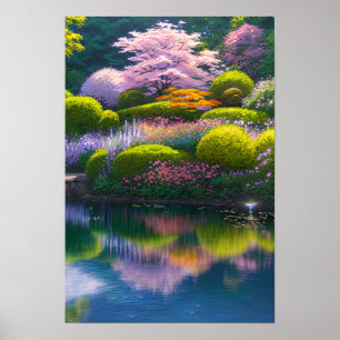 Lush Garden mit Atemberaubendem Sakura Poster