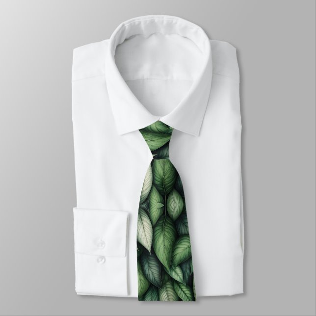 Lush Green Botanic Leaf Muster Krawatte (Gebunden)